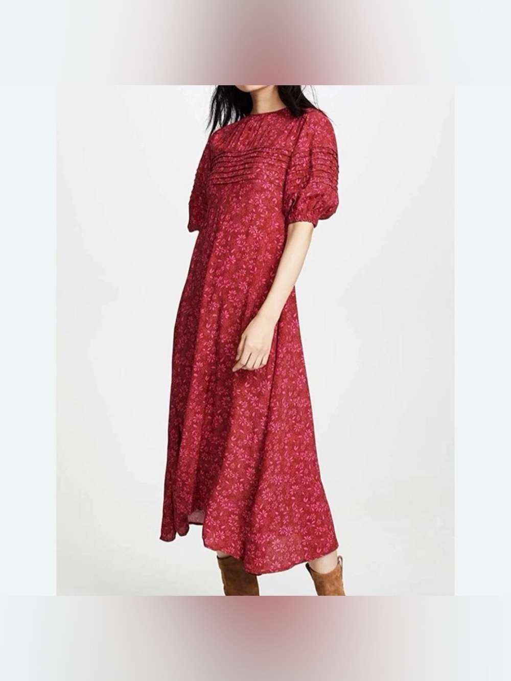 Free People Jessie Red Floral Puff Sleeve Cottagecore Prairie Midi Dress Size 0